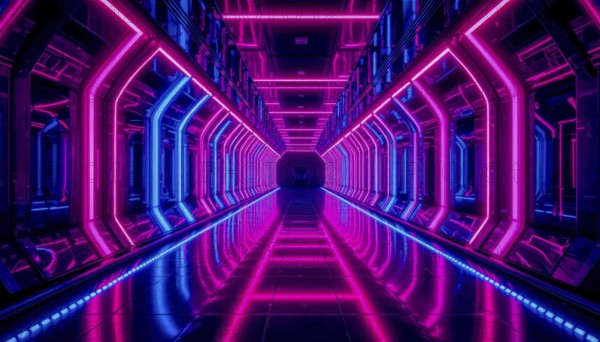 A mesmerizing perspective of a neon-lit tunnel with a futuristic design, featuring pink and blue lights reflecting on a glossy surface, creating a vibrant atmosphere, AI generated