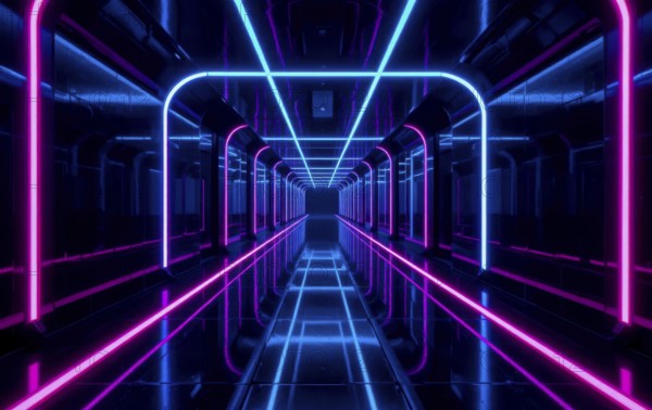 A mesmerizing perspective of a neon-lit tunnel, featuring a symmetrical design with glowing pink and blue lights, creating a futuristic ambiance, AI generated