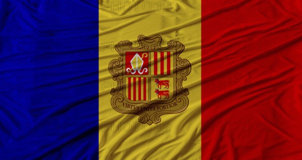 Andorran flag waving. Flag of Andorra with cloth texture
