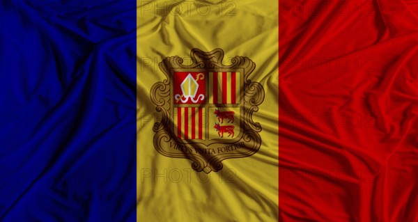 Andorran flag with fabric texture background. National flag of Andorra