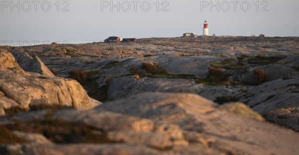 Lighthouse and houses in stony landscape at sunset, archipelago, Smögen, Smögenbryggan, Västra Götalands Län, Bohuslän, Sweden