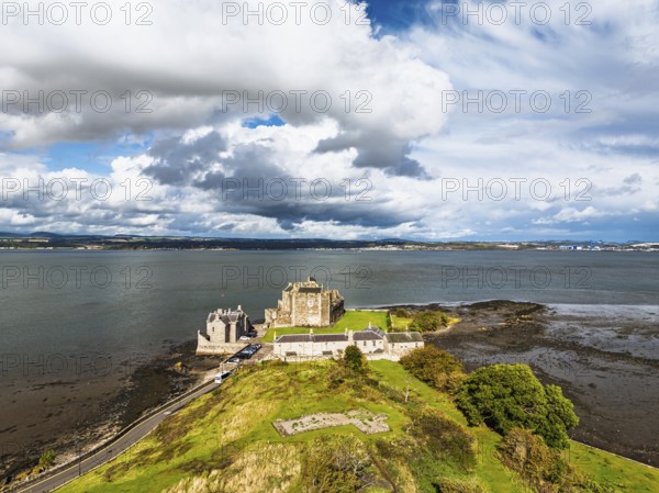 Blackness Castle over Forth Estuary from a drone, Blackness, Scotland, United Kingdom