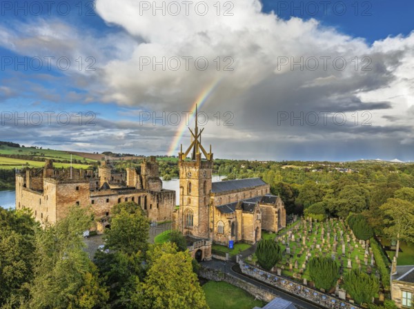 Rainbow over Linlithgow Palace from a drone, Linlithgow Loch, West Lothian, Scotland, United Kingdom
