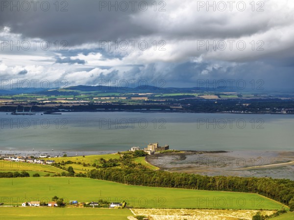 Blackness Castle over Forth Estuary from a drone, Blackness, Scotland, United Kingdom