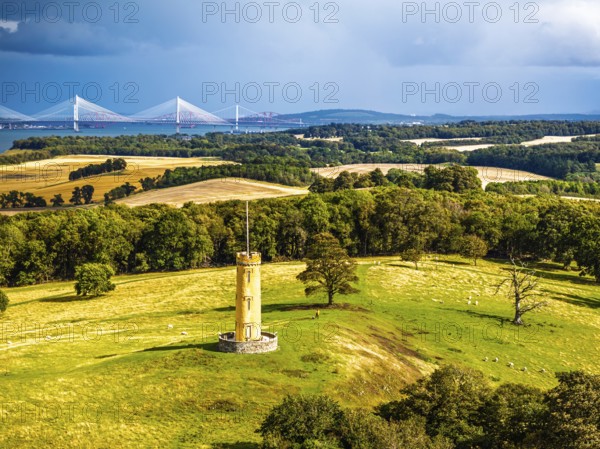 Binns Tower over Scotish farms and Forth Estuary from drone, House of the Binns, Linlithgow, Scotland, UK