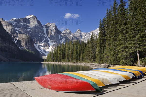 Canoes at Moraine Lake, Valley of the Ten Peaks, Banff National Park, Alberta, Canada