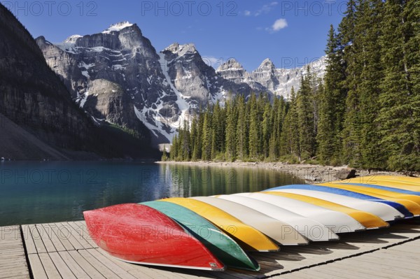 Canoes at Moraine Lake, Valley of the Ten Peaks, Banff National Park, Alberta, Canada