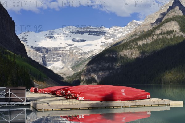 Red canoes at Lake Louise, Banff National Park, Alberta, Canada