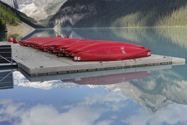 Red canoes at Lake Louise, Banff National Park, Alberta, Canada