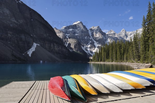 Canoes at Moraine Lake, Valley of the Ten Peaks, Banff National Park, Alberta, Canada