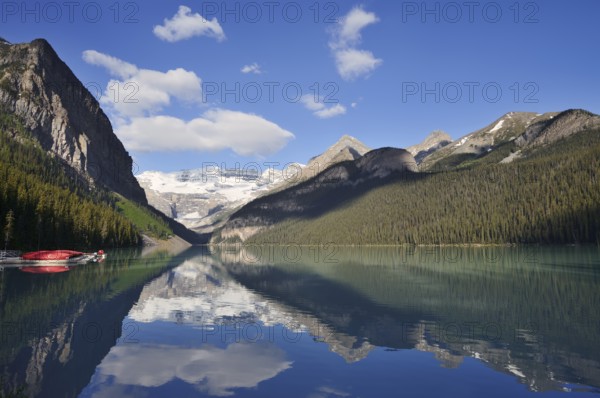 Red canoes at Lake Louise, Banff National Park, Alberta, Canada