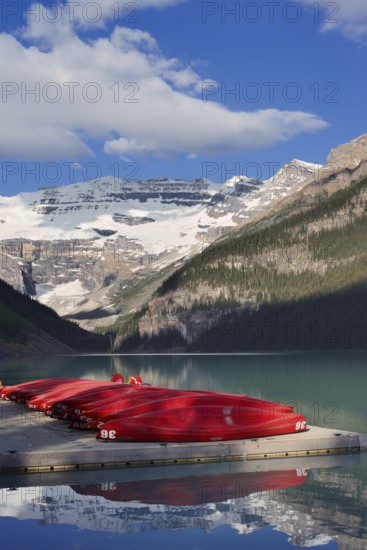 Red canoes at Lake Louise, Banff National Park, Alberta, Canada