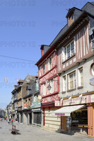 Pedestrian zone with half-timbered houses and shops, Dol-de-Bretagne, Ille-et-Vilaine, Brittany, France