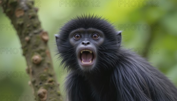 A close-up shot of a Black-headed Spider Monkey (Ateles fusciceps robustus), wide eyes, and an open mouth, revealing its teeth, set against a blurred green background, AI generated