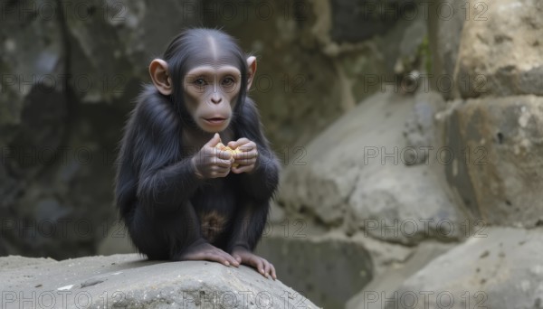 A young chimpanzee cub (Pan troglodytes), with dark fur, sits on a rock and holds a piece of food. The background shows rocks and a natural environment, AI generated