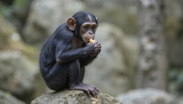 A young chimpanzee sits on a rock, holding and eating a piece of food. The background is blurred, showing a natural environment with rocks and foliage, AI generated