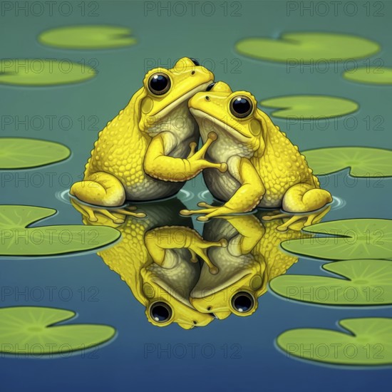 Two adorable yellow frogs are lovingly embracing each other, their reflection mirrored in the water, surrounded by lily pads, AI generated