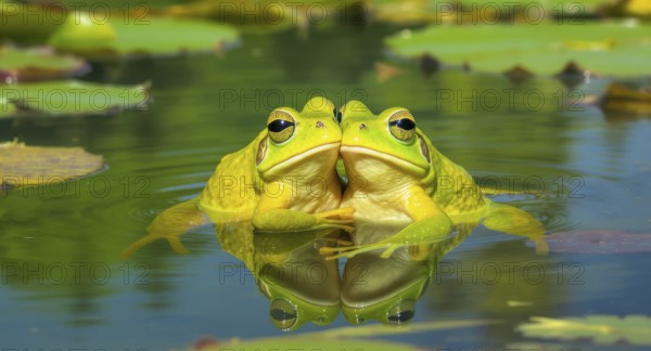 Two vibrant green frogs are seen together in a pond, their reflections mirroring them in the water. Lily pads dot the surface, adding to the tranquil scene, AI generated