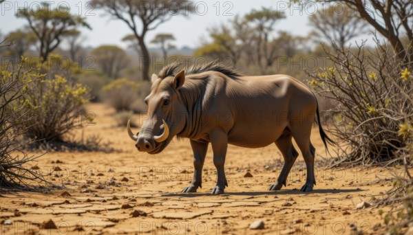 A solitary warthog (Phacochoerus aethiopicus), with its distinctive tusks, traverses a parched landscape under a bright, sunny sky, surrounded by sparse vegetation, AI generated