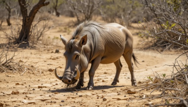 A close-up shot captures a warthog (Phacochoerus aethiopicus) in the wild, showcasing its distinctive features and the arid environment it inhabits. The animal is seen grazing on the dry ground, AI generated