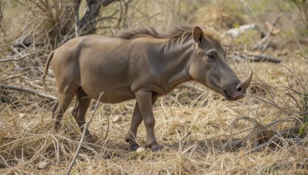 A close-up shot of a warthog (Phacochoerus aethiopicus), a wild pig species, walking through dry grass in a natural environment. The warthog's distinctive features are clearly visible, AI generated