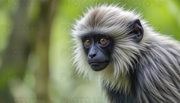 A captivating portrait of a monkey with distinctive fur patterns and intense gaze, set against a blurred green backdrop, AI generated