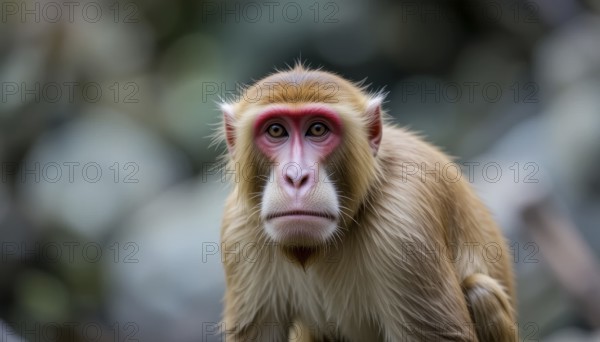 A detailed portrait of a Rhesus macaque monkey, showcasing its distinctive facial features and fur. The monkey is looking directly at the camera, AI generated
