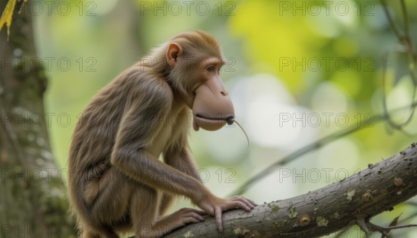 A Proboscis Monkey (Nasalis larvatus) with light brown fur sits on a tree branch, looking to the side. The background is blurred with green foliage, AI generated