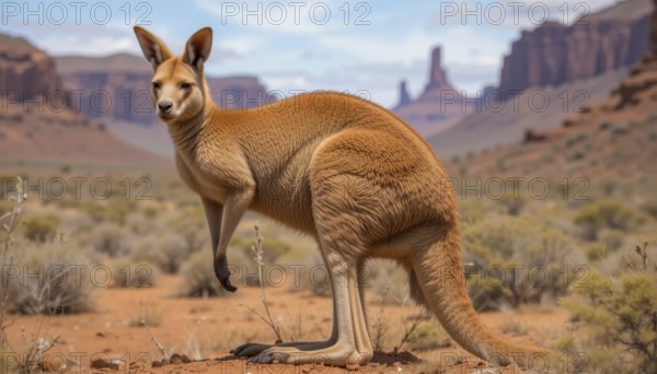 A majestic kangaroo stands tall in a desert environment, with red rock formations in the background under a bright blue sky, AI generated