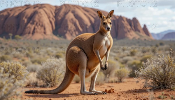 A majestic kangaroo stands proudly in the arid Australian outback, with a stunning red rock formation in the background, AI generated