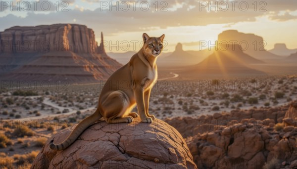 A stunning cougar (Puma concolor) sits atop a rock formation, gazing out over the vast desert landscape of Monument Valley during a vibrant sunset, AI generated