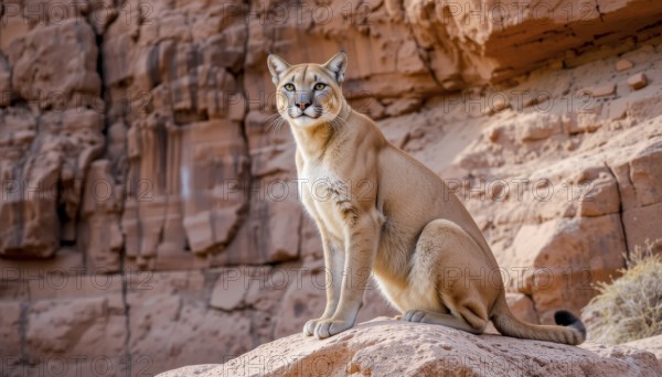 A stunning cougar (Puma concolor) sits regally on a rock, its gaze fixed, set against the backdrop of a rugged desert environment with red rock formations, AI generated