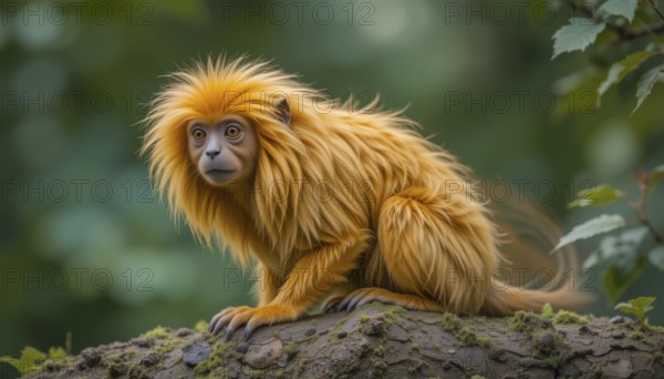 A stunning portrait of a Golden-headed Lion Tamarin (Leontopithecus chrysomelas), a small primate with a vibrant, golden mane, sitting on a mossy branch in a lush green environment, AI generated