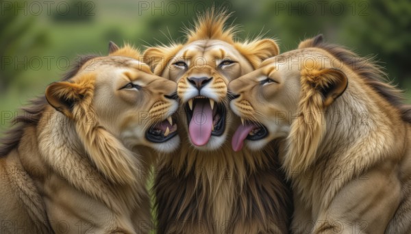A captivating image captures three lions in a moment of playful interaction, with one lion yawning and the others licking. The close-up shot highlights their expressions, AI generated