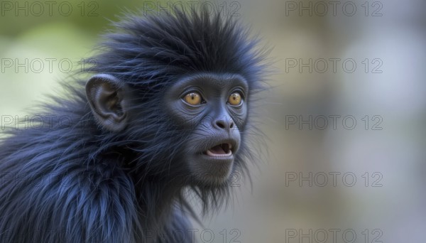 A close-up portrait showcases a Black-headed Spider Monkey (Ateles fusciceps robustus) with striking orange eyes, displaying an expression of surprise against a blurred background, AI generated