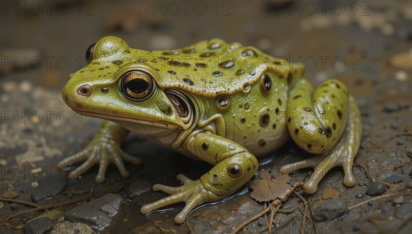This detailed shot captures a green Edible Frog's (Rana esculenta) intricate features, highlighting its textured skin and expressive eyes. The frog is set against a natural, earthy backdrop, AI generated