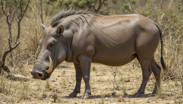 A side view of a warthog (Phacochoerus aethiopicus) standing in a dry, grassy environment, showcasing its distinctive features and tusks, AI generated