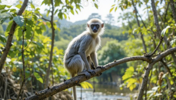 A beautiful langur monkey sits on a tree branch, surrounded by lush green foliage, with a serene background, AI generated