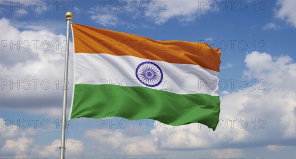 The Indian flag, a symbol of national pride, billows in the wind, showcasing its vibrant colors against a backdrop of a clear, sunny sky, AI generated