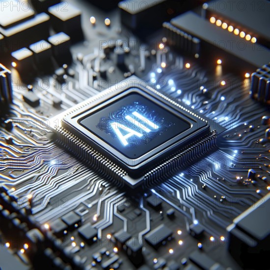 A close-up of an AI microchip with neon blue lighting on a detailed circuit board, AI generated