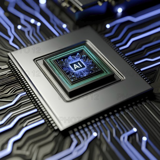 AI processor chip on a circuit boardAI, microchip, neon, blue lights, circuitry, close-up, technology, artificial intelligence, circuit board, computing, hardware, illuminated, tech, digital, motherboard, innovation, processor, electronic, semiconductor, data, machine learning, futuristic, cyber, glowing, components, electrical, engineering, high-tech, information technology, AI generated