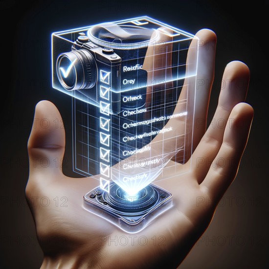 Hand displaying a 3D hologram of a camera and a digital checklist, symbolizing photography technology and innovation, AI generated