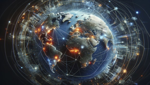 Digitally enhanced Earth with glowing network connections illustrating worldwide data sharing, AI generated