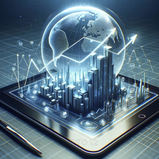 Digital tablet projecting a 3D holographic cityscape with global connectivity and data charts, AI generated