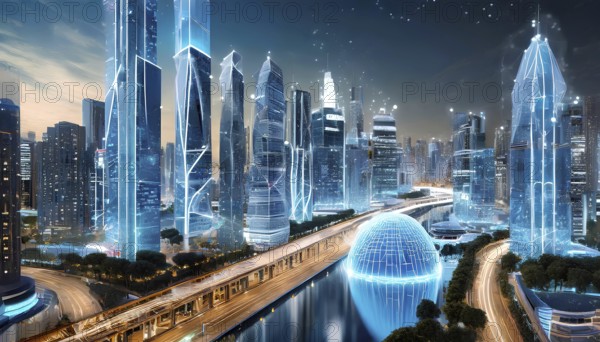 A cityscape with a blue dome in the middle. The dome is surrounded by buildings and a river. The city is lit up with blue lights, giving it a futuristic and modern feel, AI generated