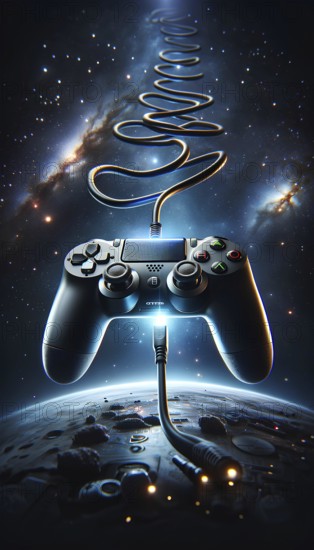A video game controller is shown in space with a cable coming out of it. The image is a creative and imaginative representation of a video game controller in a futuristic setting, AI generated