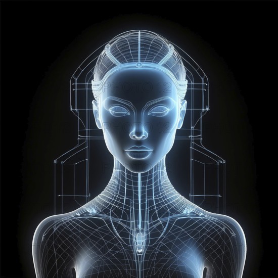 A digital wireframe of a futuristic female robot, showcasing advanced technology, artificial intelligence, and robotics in a sleek, glowing design on a black background, AI generated