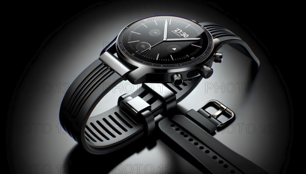 A watch with a black band and a black face. The watch is showing the time as 10:10, AI generated