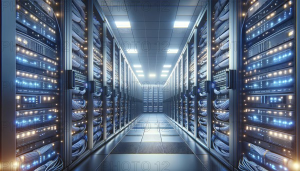 A large room with many computer servers. The room is lit up with blue lights. The servers are connected to each other and to the computers. The room is very large and has a lot of space, AI generated