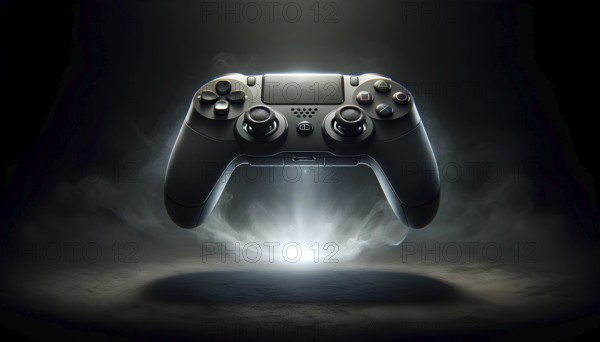 A black Playstation controller is suspended in midair. The controller is surrounded by a dark background and a bright light. Concept of excitement and anticipation for the next gaming session, AI generated